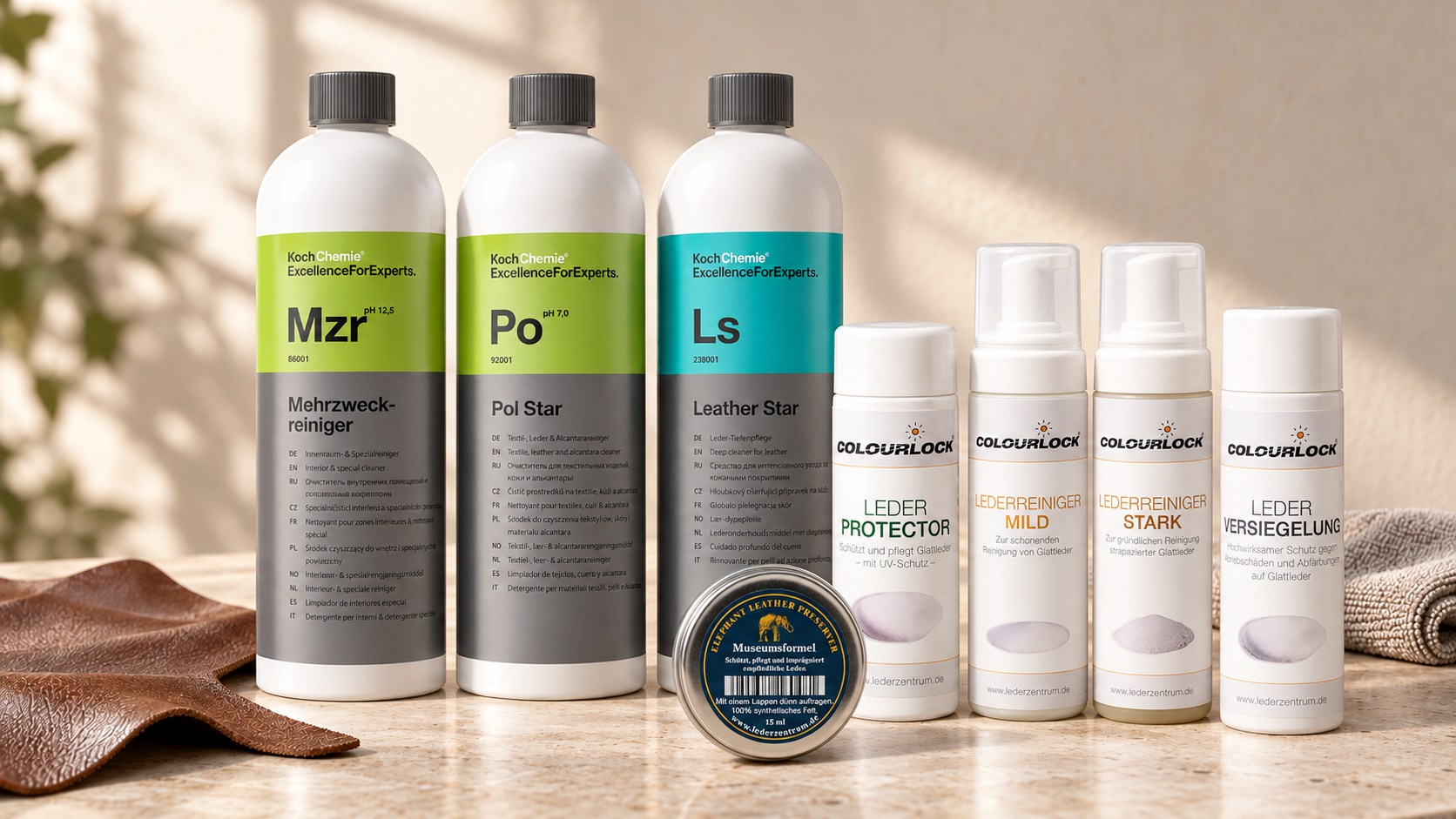 Современные средства Koch-Chemie Mzr, Pol Star, Leather Star и COLOURLOCK Leder Protector, Lederreiniger Mild, Lederreiniger Stark, Leather Shield, Elephant Leather Preserver