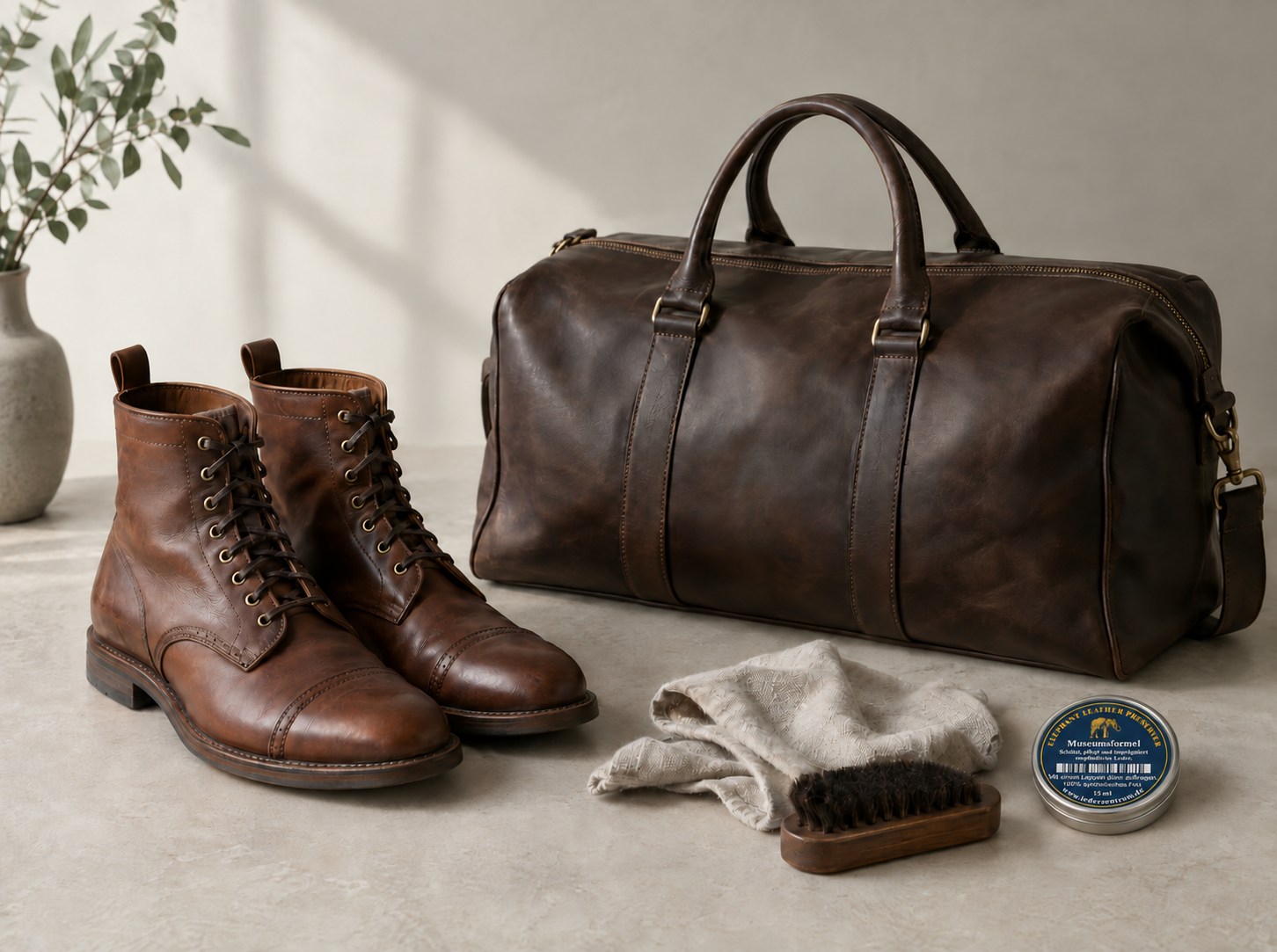 Кожаные ботинки, дорожная сумка и банка Elephant Leather Preserver
